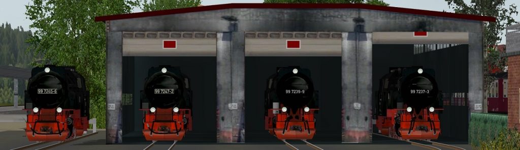 Lokschuppen Wernigerode mit vier Dampfloks im HSB Simulator